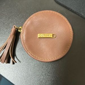 New Cuyana cool Brown Leather Circular Coin Pouch with Tassel with gold hardware